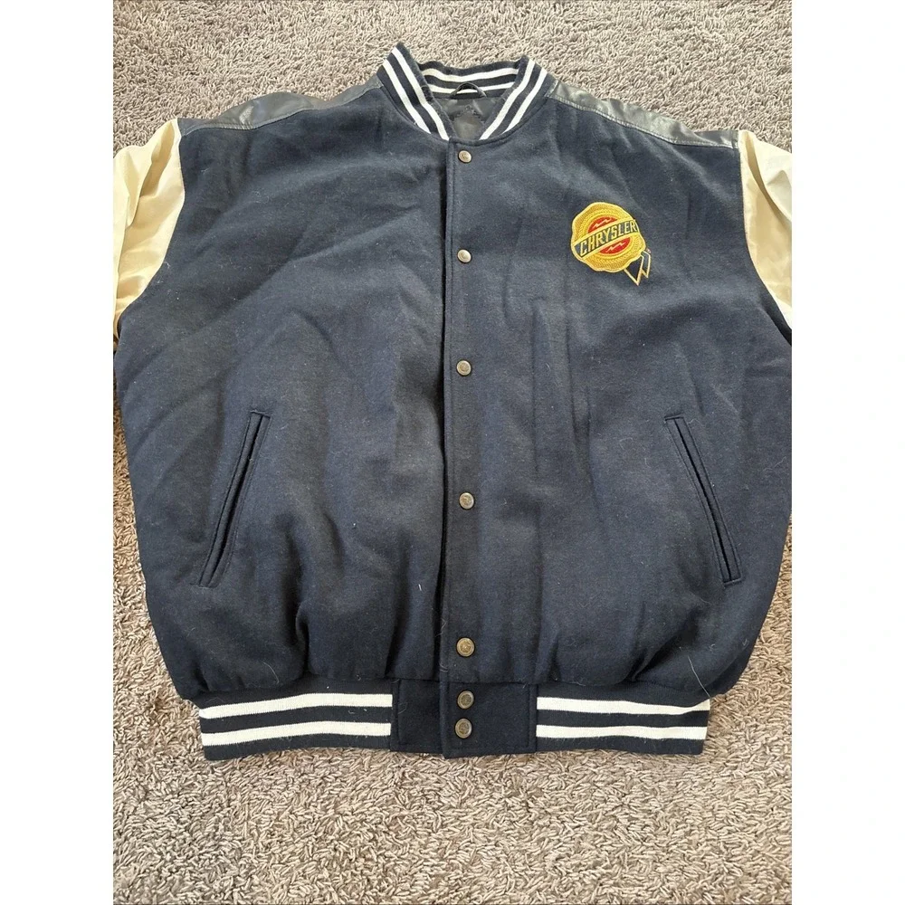 Y2K Chrysler Varsity Jacket XL Wool‎ Faux Leather Logo Back Snap Button Bomber